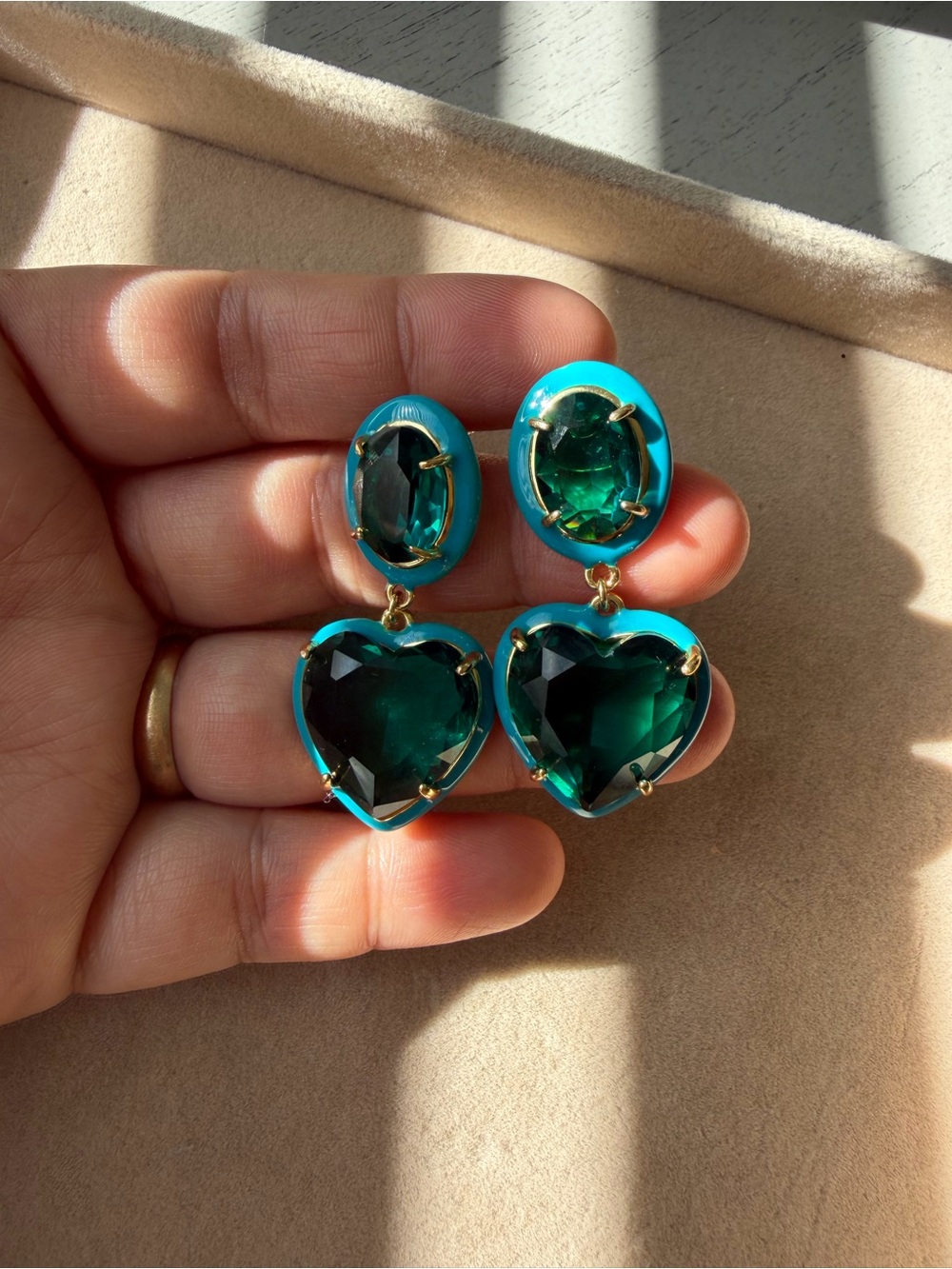 Turquoise and Emerald Heart Drop Earrings by